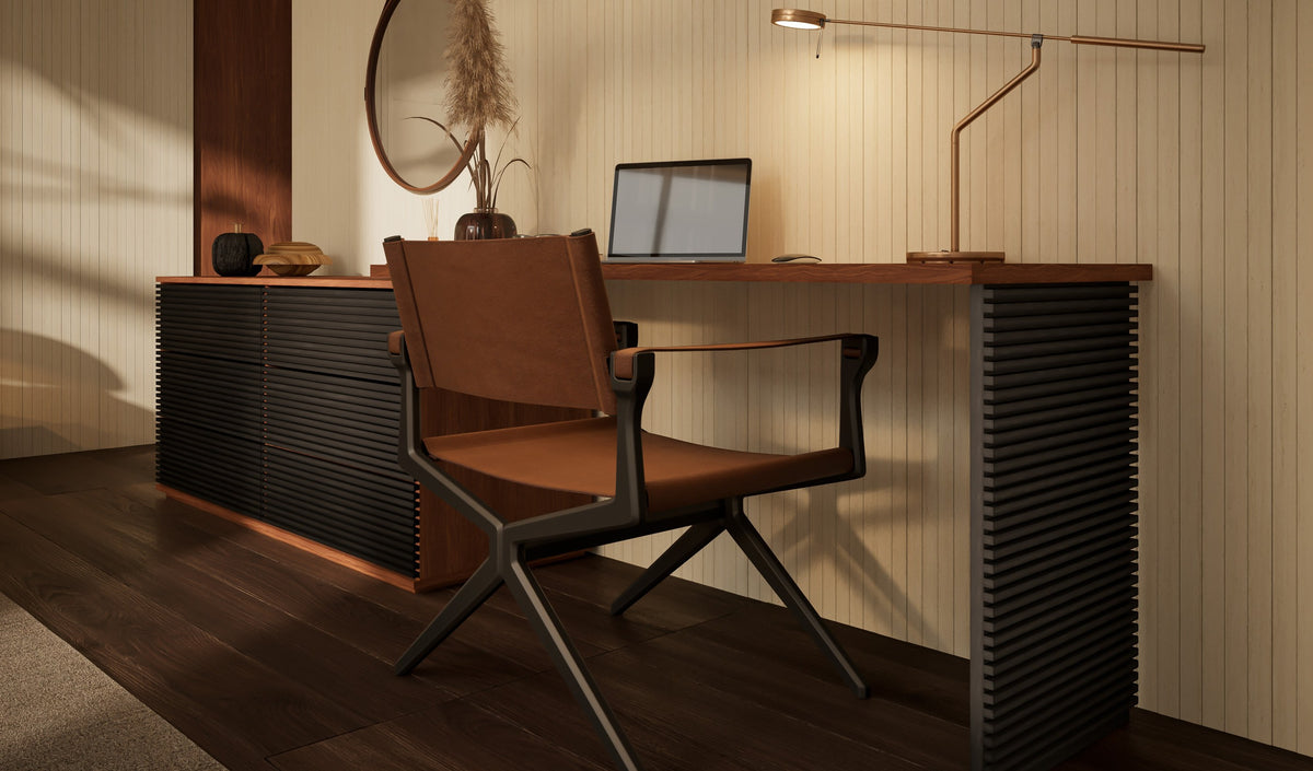 Encino Six-Drawer Dresser joined by the Desk Extension, forming one continuous storage and workspace run