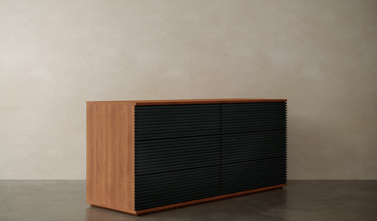 Encino Six-Drawer Dresser in walnut veneer with black slatted drawer fronts