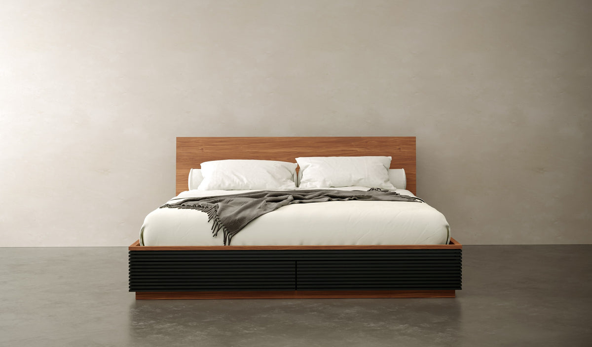 Encino Storage Bed with walnut-veneer headboard and black slatted base