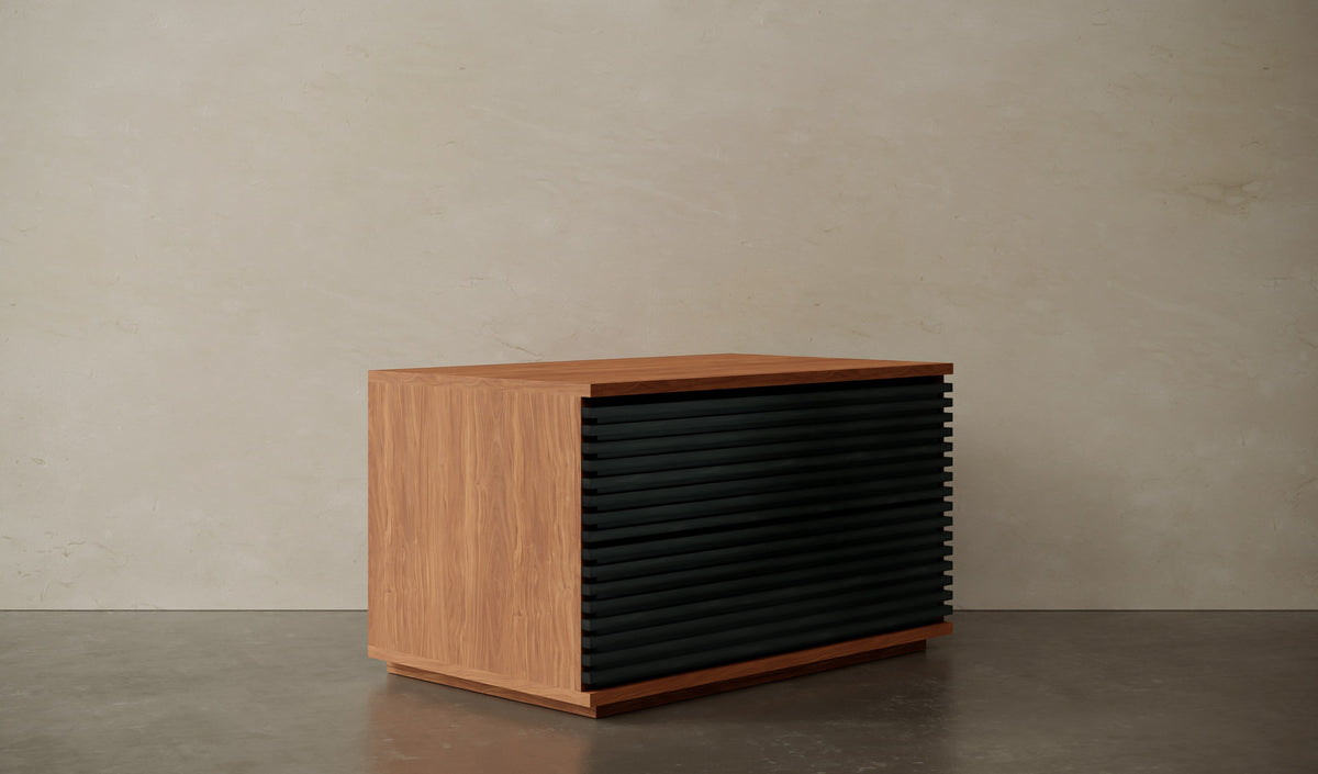 Encino Two-Drawer Nightstand in walnut veneer with a black slatted drawer front