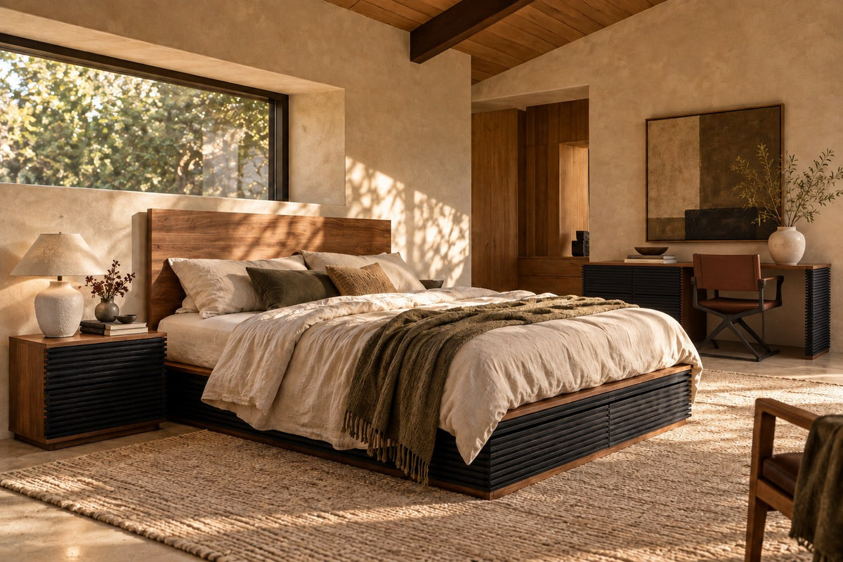 Sunlit bedroom with the Encino Storage Bed, Two-Drawer Nightstand, and the Six-Drawer Dresser extended by the Desk Extension
